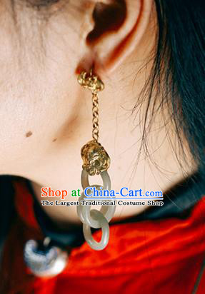 Handmade Chinese Traditional Wedding Golden Bat Eardrop Classical Cheongsam Earrings Accessories Jade Rings Ear Jewelry