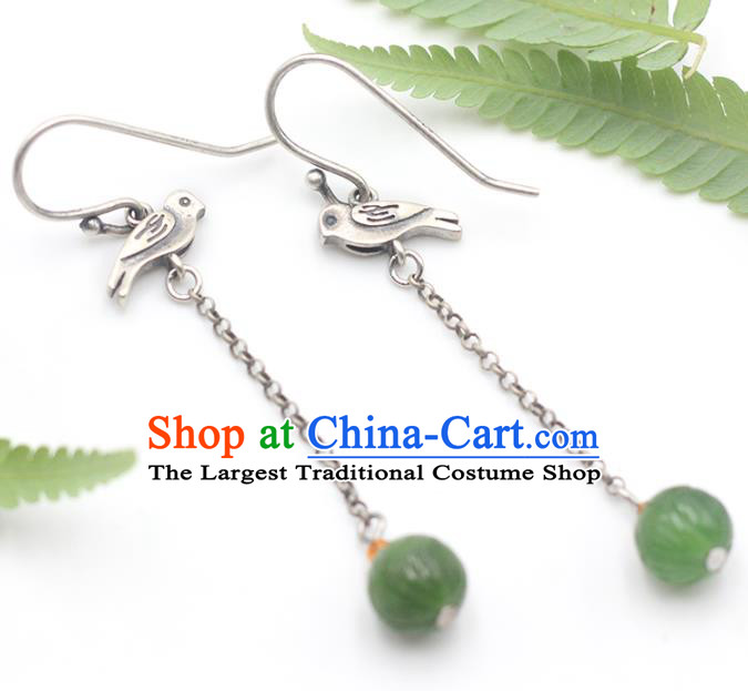 Handmade Chinese Traditional Jade Carving Lotus Eardrop Classical Earrings Accessories Ethnic Silver Bird Ear Jewelry