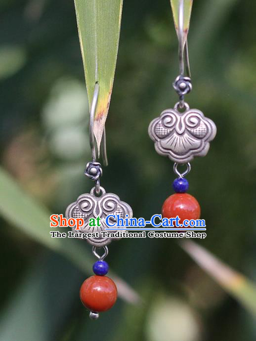 Handmade Chinese Traditional Silver Carving Eardrop Ethnic Agate Ear Jewelry Classical Earrings Accessories