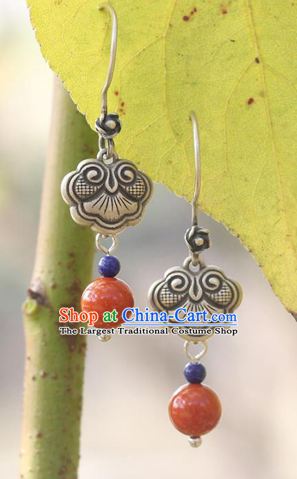 Handmade Chinese Traditional Silver Carving Eardrop Ethnic Agate Ear Jewelry Classical Earrings Accessories