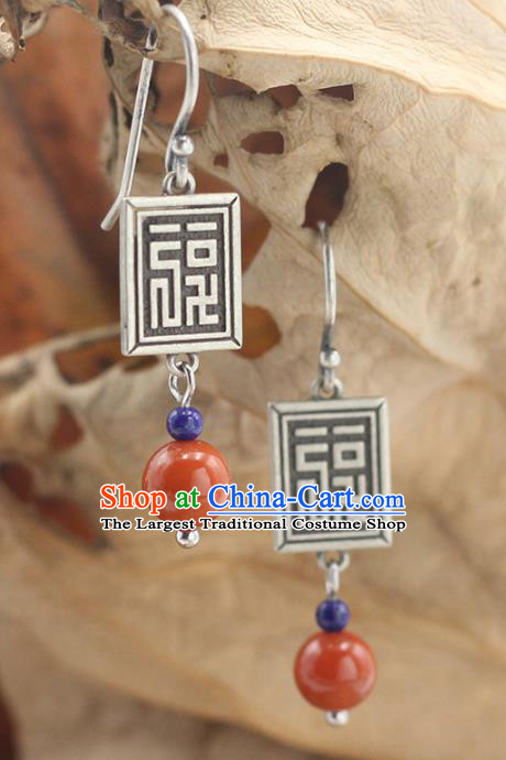 Handmade Chinese Ethnic Agate Ear Jewelry Classical Earrings Accessories Traditional Silver Eardrop