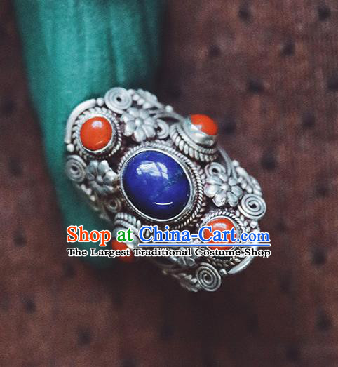 China Traditional Silver Circlet National Corallite Ring Handmade Lapis Jewelry Accessories