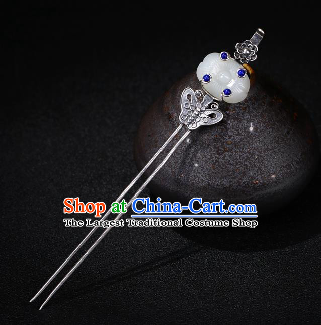China National Lapis Jade Hairpin Handmade Hair Jewelry Accessories Traditional Cheongsam Silver Carving Butterfly Hair Stick