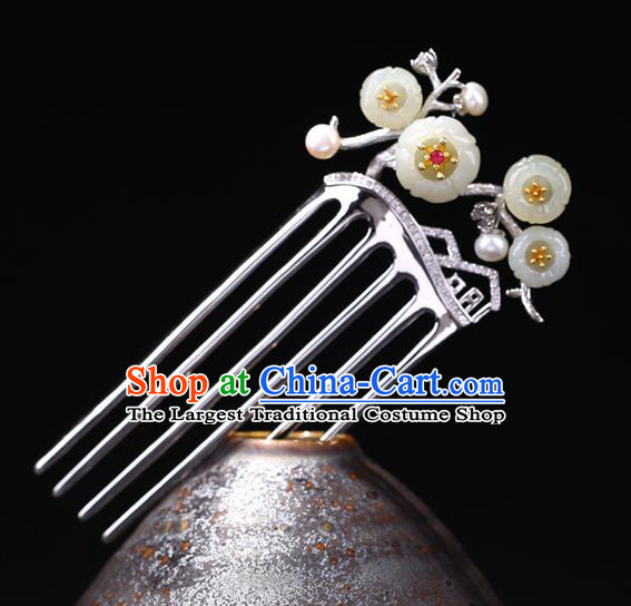 China National Jade Plum Blossom Hairpin Handmade Hair Jewelry Accessories Traditional Cheongsam Pearls Silver Hair Comb