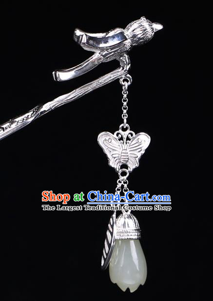 China National Jade Magnolia Tassel Hairpin Handmade Hair Jewelry Accessories Traditional Cheongsam Silver Hair Stick