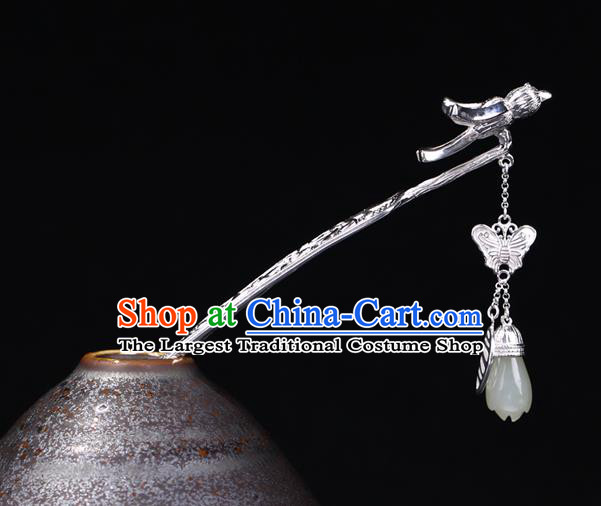China National Jade Magnolia Tassel Hairpin Handmade Hair Jewelry Accessories Traditional Cheongsam Silver Hair Stick