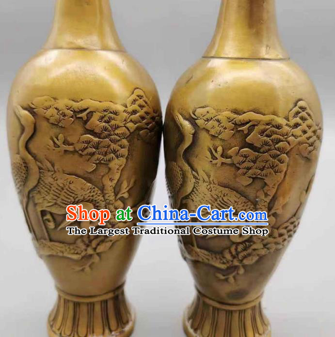 Handmade Chinese Brass Vase Accessories Carving Crane Flower Jardiniere Ornaments