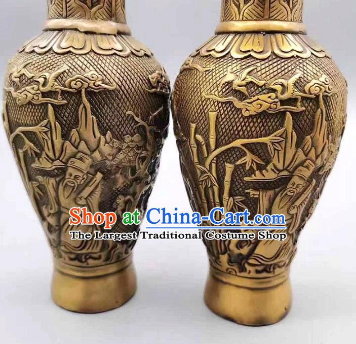 Handmade Chinese Carving Crane Flower Jardiniere Ornaments Brass Vase Accessories