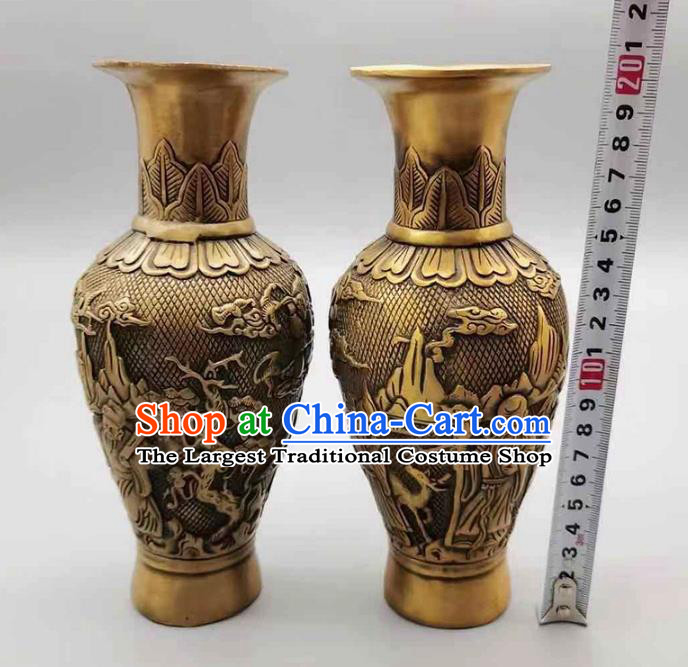 Handmade Chinese Carving Crane Flower Jardiniere Ornaments Brass Vase Accessories