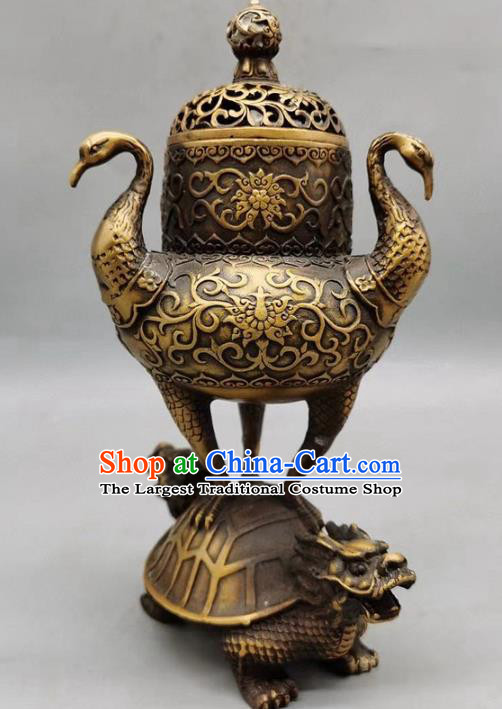 Handmade Chinese Carving Tortoise Crane Censer Ornaments Traditional Brass Incense Burner Accessories