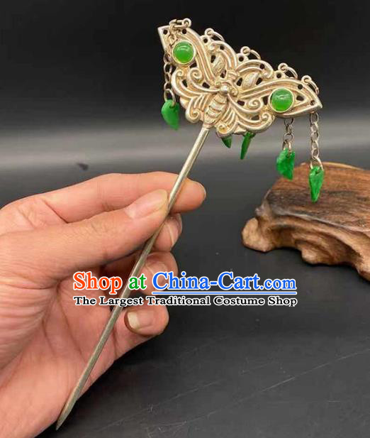 China Traditional Hair Accessories Classical Silver Carving Butterfly Hairpin Handmade Tassel Hair Stick