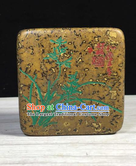 Handmade Chinese Painting Orchid Ink Box Ornaments Traditional Brass Craft Ink Pad