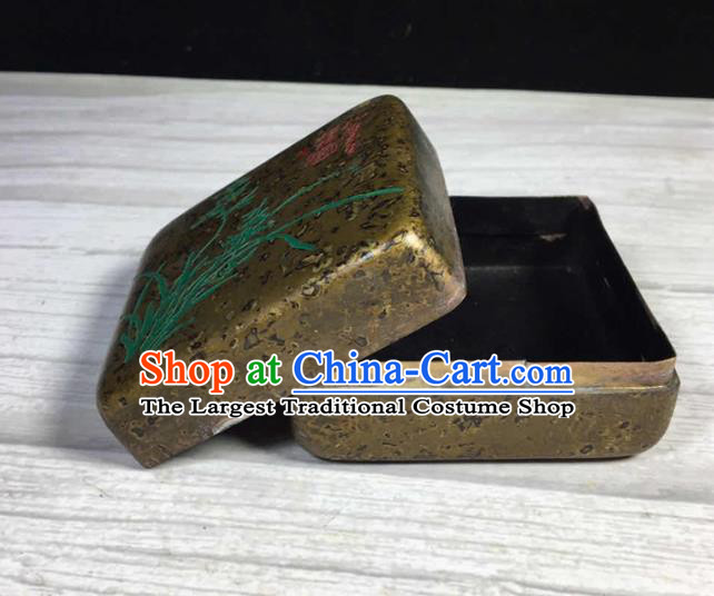 Handmade Chinese Painting Orchid Ink Box Ornaments Traditional Brass Craft Ink Pad