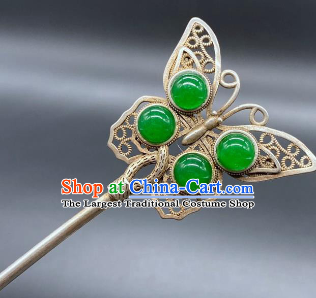 China Handmade Chrysoprase Hair Stick Traditional Hair Accessories Classical Silver Butterfly Hairpin