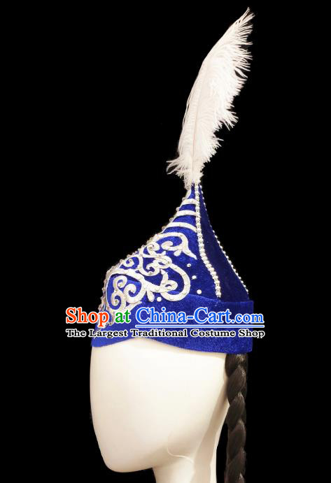 China Handmade Ethnic Women Braid Hair Accessories Traditional Kazak Nationality Folk Dance Royalblue Hat