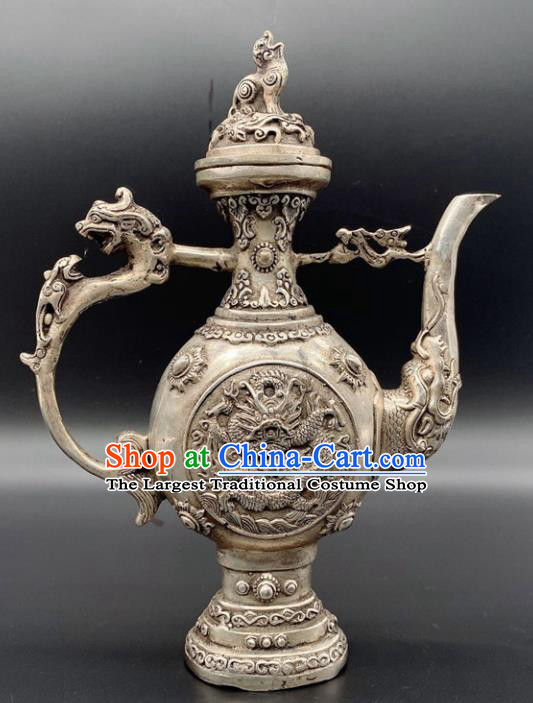 Handmade Chinese Carving Dragon Flagon Ornaments Traditional Brass Craft Wine Pot