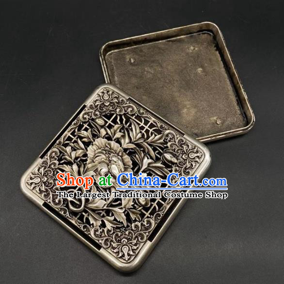 Handmade Chinese Carving Peony Ink Box Ornaments Traditional Brass Craft Cupronickel Ink Cartridge