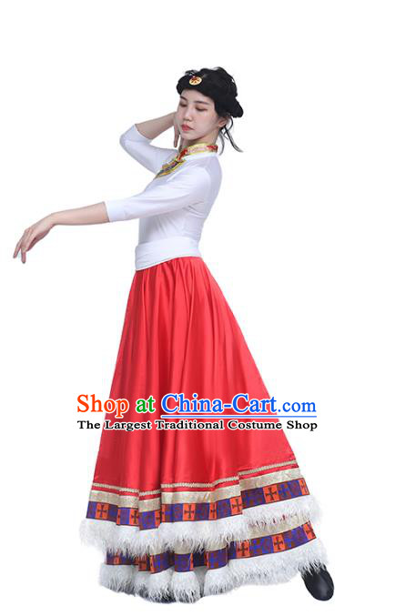 China Traditional Zang Nationality Dance Clothing Tibetan Ethnic White Blouse and Red Skirt Outfits
