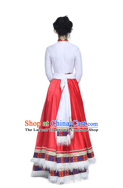 China Traditional Zang Nationality Dance Clothing Tibetan Ethnic White Blouse and Red Skirt Outfits