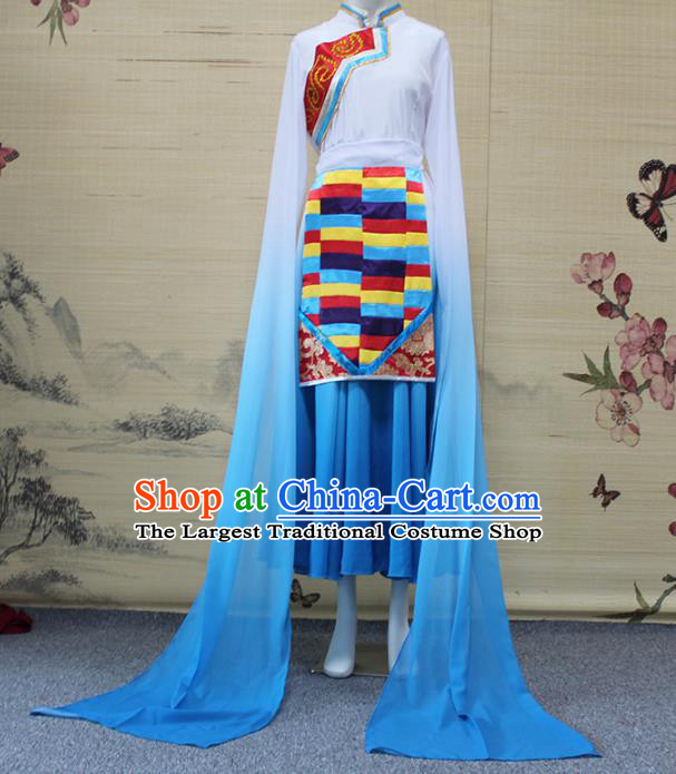 China Traditional Zang Nationality Women Water Sleeve Clothing Tibetan Ethnic Dance Blouse and Blue Skirt Outfits