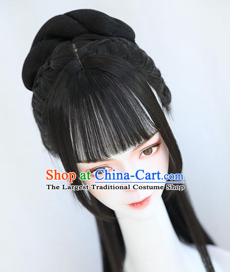 China Traditional Ming Dynasty Princess Straight Bangs Wiggery Headdress Handmade Ancient Palace Beauty Wig Sheath