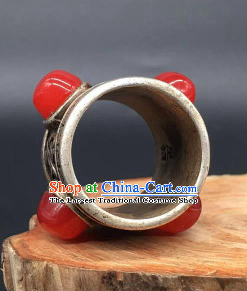 China National Agate Ring Traditional Silver Circlet Thimble Handmade Jewelry Accessories