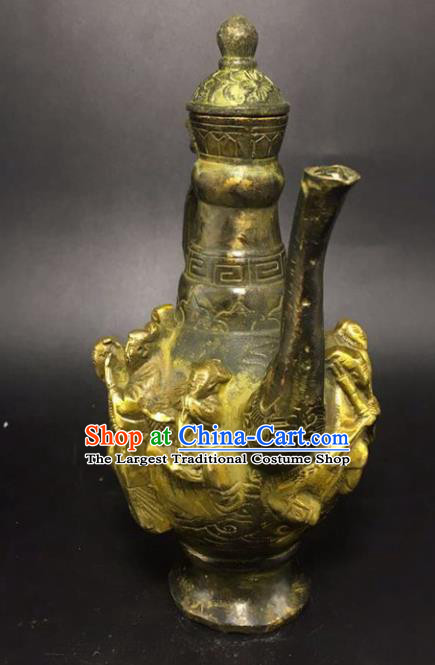 Handmade Chinese Wine Pot Traditional Brass Accessories Carving Eight Treasures Flagon Ornaments