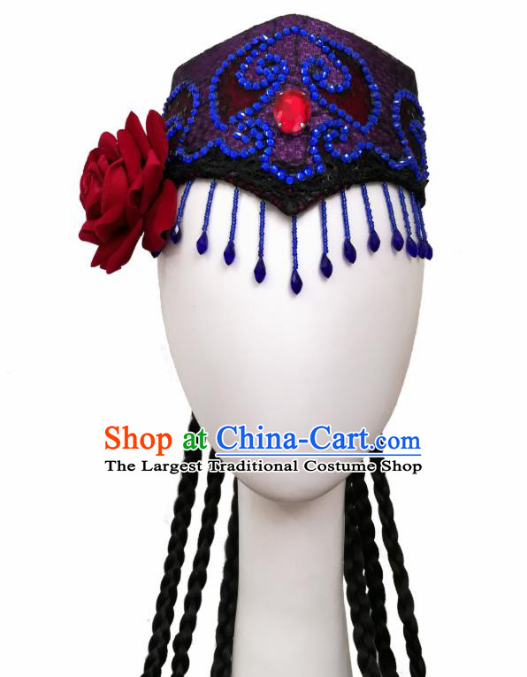 China Handmade Ethnic Women Braid Hair Accessories Traditional Uyghur Nationality Folk Dance Royalblue Tassel Hat