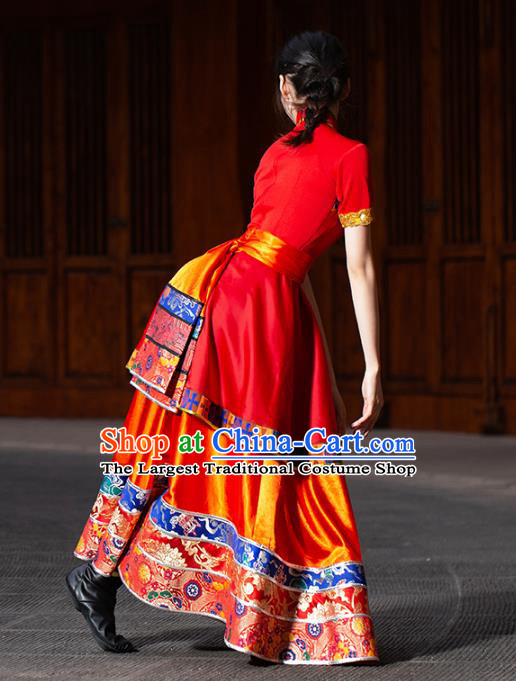 China Zang Ethnic Women Folk Dance Red Dress Outfits Traditional Tibetan Nationality Wedding Clothing