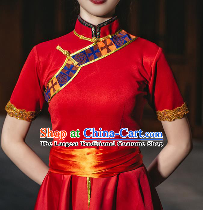 China Zang Ethnic Women Folk Dance Red Dress Outfits Traditional Tibetan Nationality Wedding Clothing