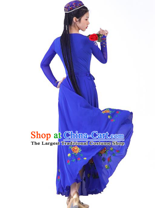 China Ethnic Women Folk Dance Blue Dress and Hat Outfits Traditional Uyghur Nationality Clothing
