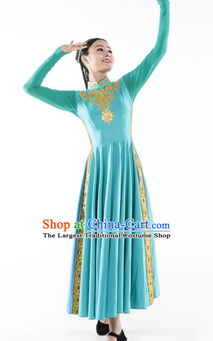 China Traditional Xinjiang Nationality Peacock Dance Clothing Uyghur Ethnic Women Blue Dress Outfits and Hat