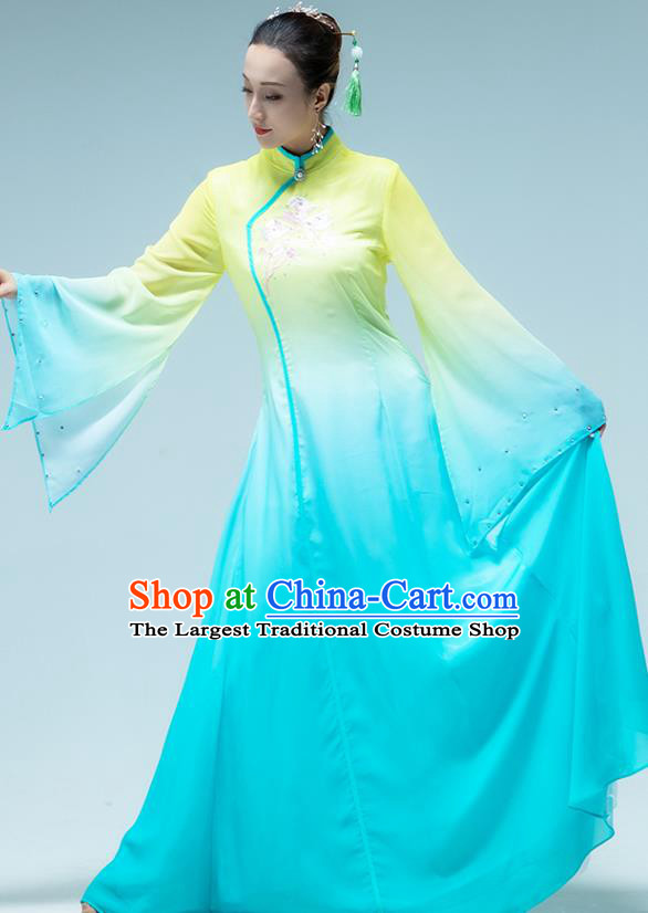 Traditional China Classical Dance Fan Dance Blue Dress Group Dance Stage Show Costume