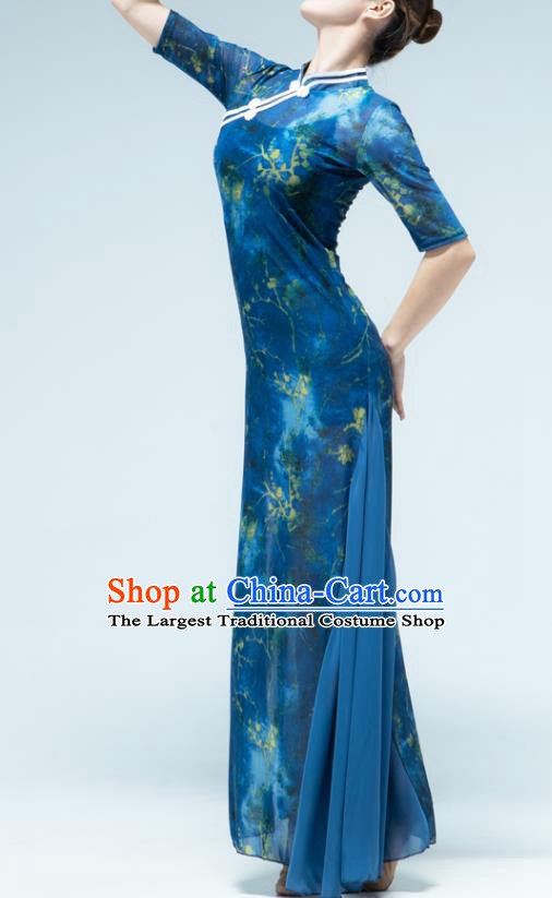 Traditional China Song of the Fishermen Fan Dance Costume Classical Dance Stage Show Blue Chiffon Qipao Dress