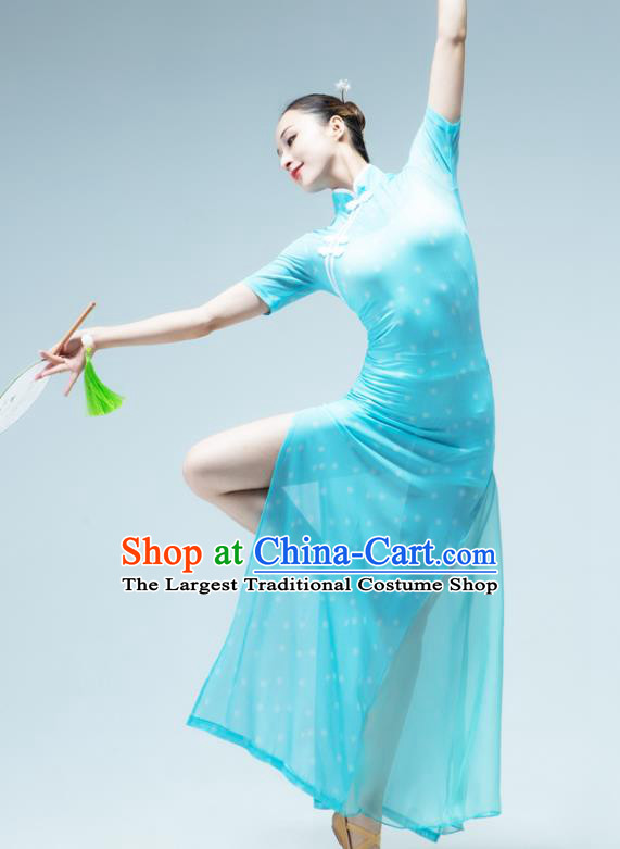 Traditional China Classical Dance Stage Show Light Blue Chiffon Qipao Dress Song of the Fishermen Fan Dance Costume