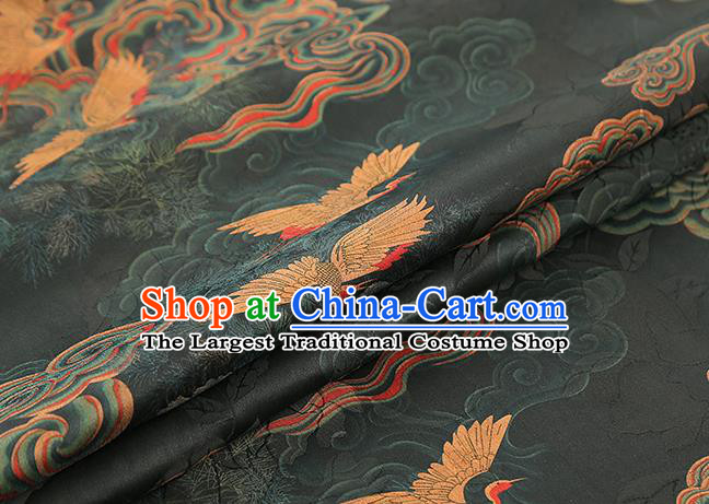 Chinese Gambiered Guangdong Gauze Traditional Cheongsam Silk Fabric Royal Cloud Crane Pattern Atrovirens Brocade