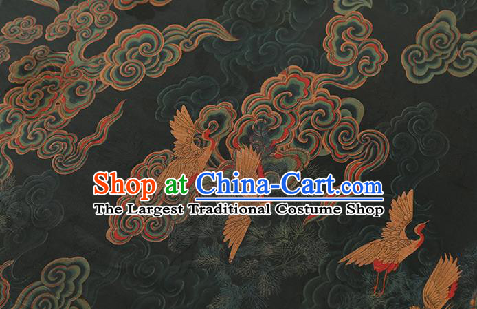 Chinese Gambiered Guangdong Gauze Traditional Cheongsam Silk Fabric Royal Cloud Crane Pattern Atrovirens Brocade