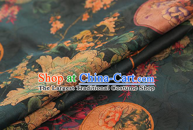 Chinese Atrovirens Gambiered Guangdong Gauze Traditional Cheongsam Silk Fabric Royal Peony Pattern Brocade Drapery