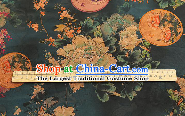 Chinese Atrovirens Gambiered Guangdong Gauze Traditional Cheongsam Silk Fabric Royal Peony Pattern Brocade Drapery