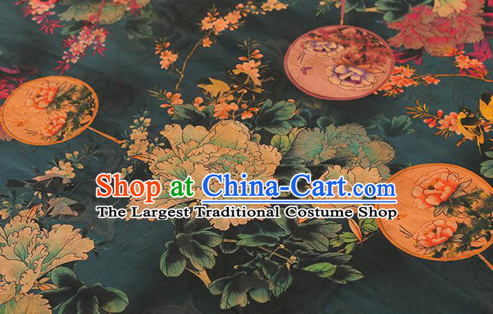 Chinese Atrovirens Gambiered Guangdong Gauze Traditional Cheongsam Silk Fabric Royal Peony Pattern Brocade Drapery