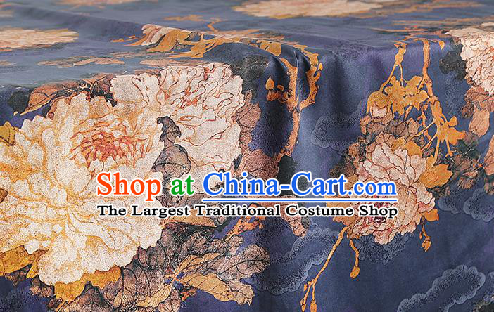 Chinese Royal Peony Pattern Brocade Drapery Traditional Cheongsam Silk Fabric Navy Gambiered Guangdong Gauze