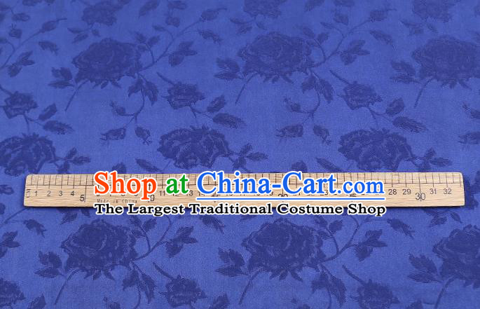 Chinese Blue Gambiered Guangdong Gauze Traditional Cheongsam Silk Fabric Royal Jacquard Rose Pattern Brocade Drapery