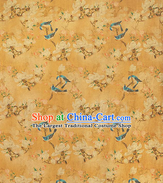 Chinese Orange Gambiered Guangdong Gauze Traditional Silk Fabric Royal Mangnolia Birds Pattern Cheongsam Drapery