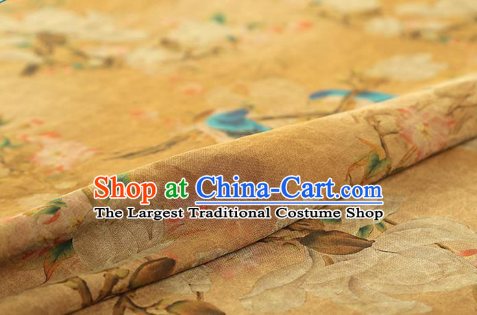 Chinese Orange Gambiered Guangdong Gauze Traditional Silk Fabric Royal Mangnolia Birds Pattern Cheongsam Drapery