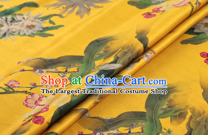 Chinese Yellow Gambiered Guangdong Gauze Traditional Silk Fabric Royal Epiphyllum Pattern Cheongsam Drapery