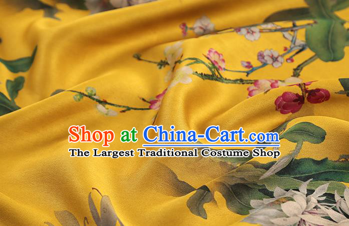 Chinese Yellow Gambiered Guangdong Gauze Traditional Silk Fabric Royal Epiphyllum Pattern Cheongsam Drapery