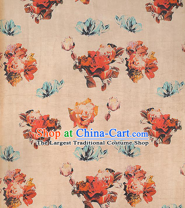 Chinese Gambiered Guangdong Gauze Royal Rose Pattern Cheongsam Cloth Drapery Traditional Ginger Silk Fabric