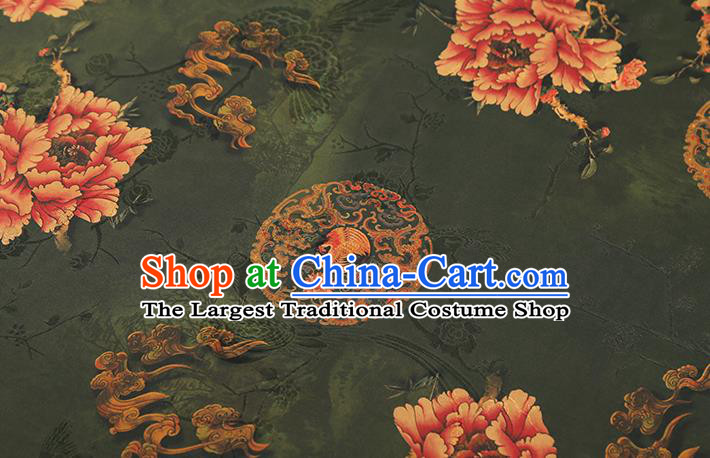 Chinese Deep Green Gambiered Guangdong Gauze Royal Peony Pattern Cloth Drapery Traditional Cheongsam Silk Fabric