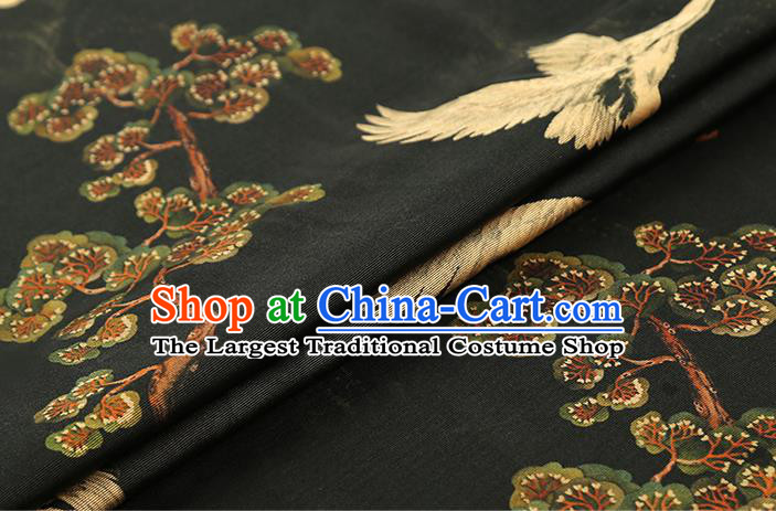 Chinese Royal Pine Cranes Pattern Cloth Drapery Black Gambiered Guangdong Gauze Traditional Cheongsam Silk Fabric