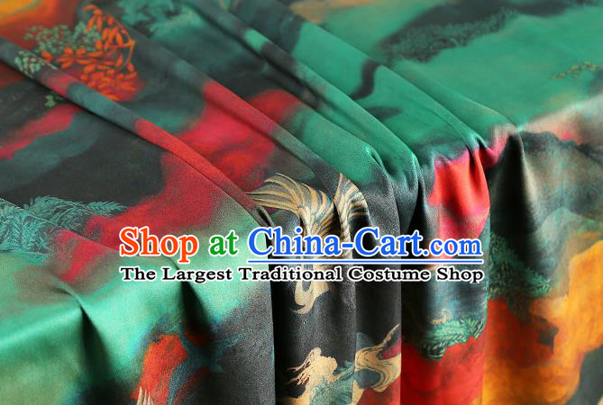 Chinese Royal Cranes Pattern Green Gambiered Guangdong Gauze Traditional Cheongsam Silk Fabric Printing Brocade Cloth Drapery
